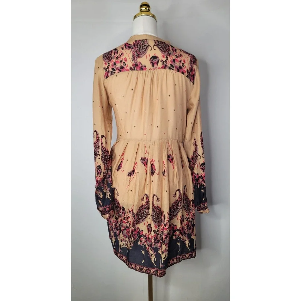 Free People Boho Mini Dress Small Paisley Floral Peasant‎ Tunic Pockets